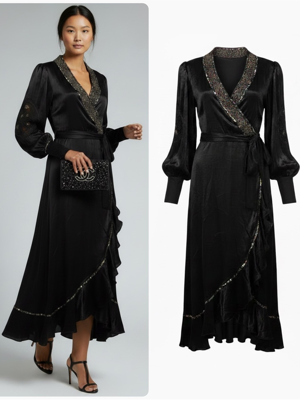 TAJ by Sabrina Crippa Viscose Black Embellished Wrap Midi Dress NWT $328